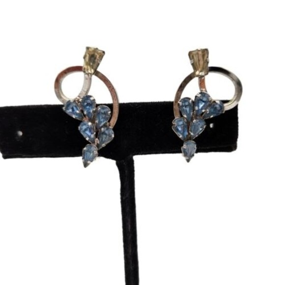 Star Art Sterling Blue White Rhinestone Screwback Earrings Vintage Signed Estate - Picture 3 of 9